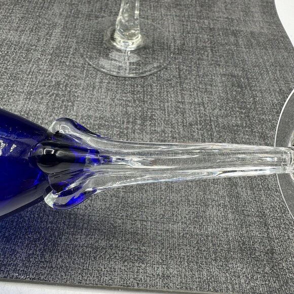 Cobalt Blue Glass Champagne Flutes Clear Tulip Ornate 4 Sided Stem Lot of 2 8" - Picture 8 of 11